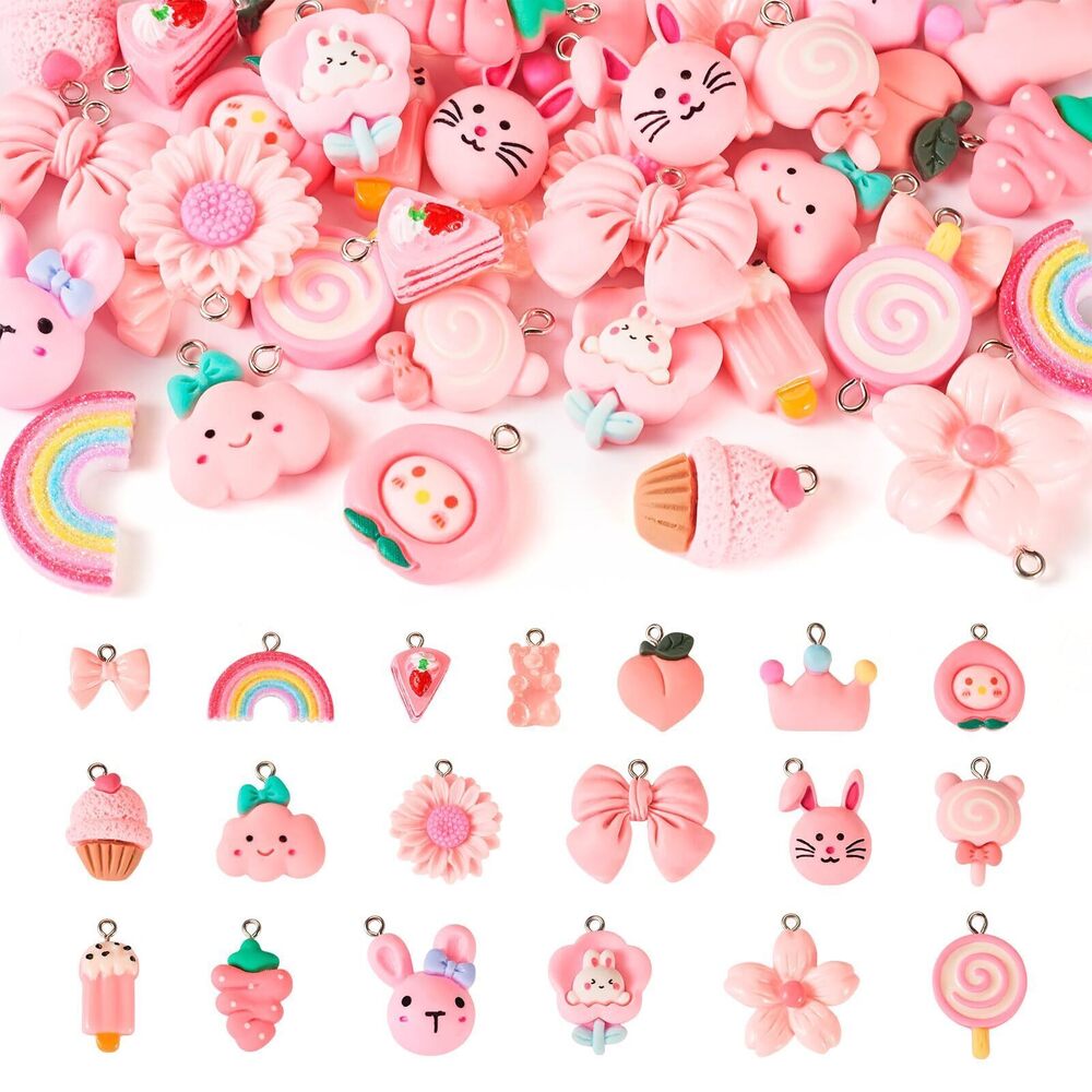 6441 38Pcs 19 Styles Pink Theme Cartoon Resin Pendants Cute Rabbit Cake